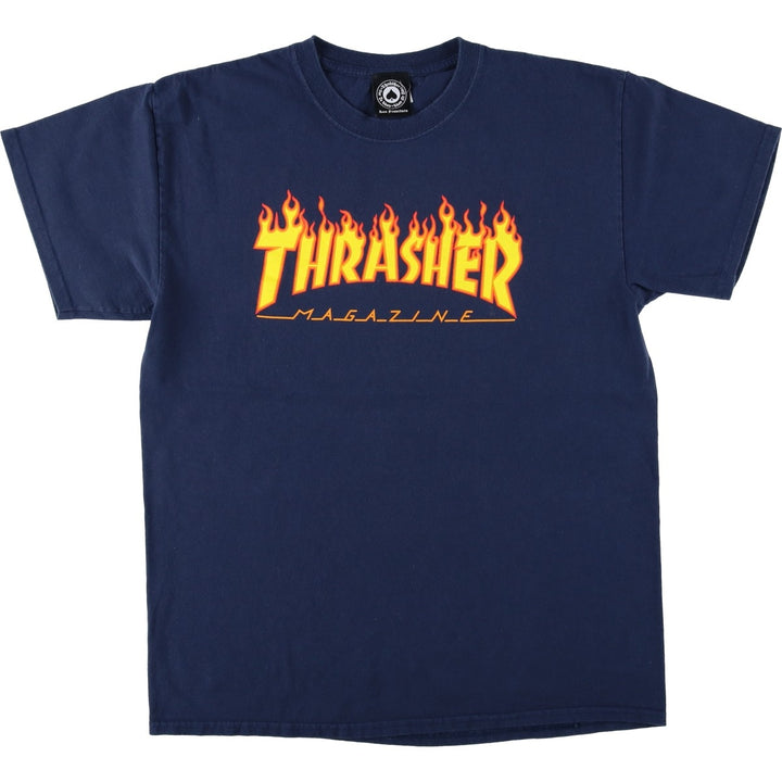 Thrasher Fire Pattern Logo Print T-Shirt, Men's Size L (approx.) cotton navy blue type Vintage Second Hand