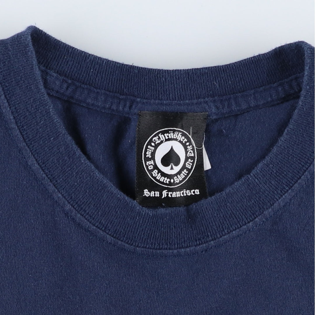 Thrasher Fire Pattern Logo Print T-Shirt, Men's Size L (approx.) cotton navy blue type Vintage Second Hand