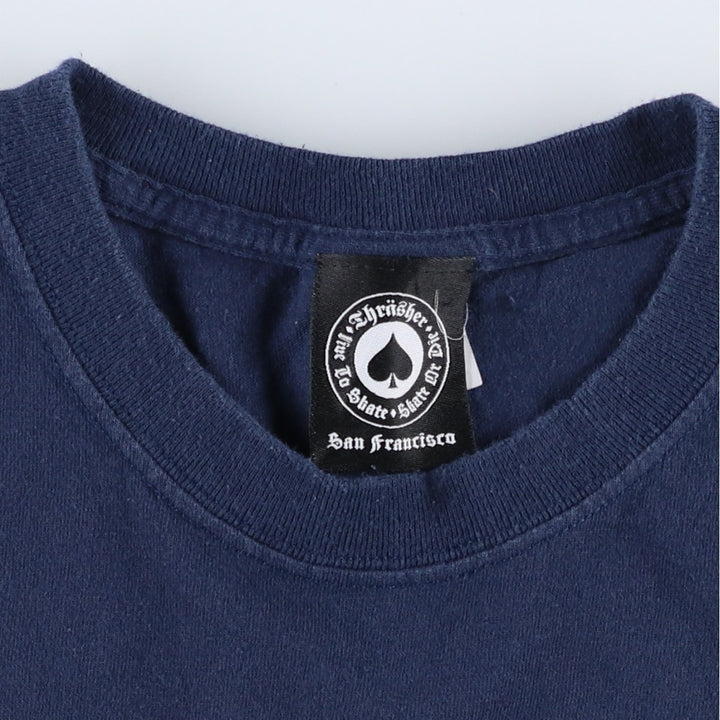 Thrasher Fire Pattern Logo Print T-Shirt, Men's Size L (approx.) cotton navy blue type Vintage Second Hand
