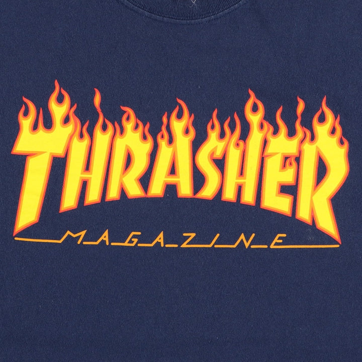Thrasher Fire Pattern Logo Print T-Shirt, Men's Size L (approx.) cotton navy blue type Vintage Second Hand