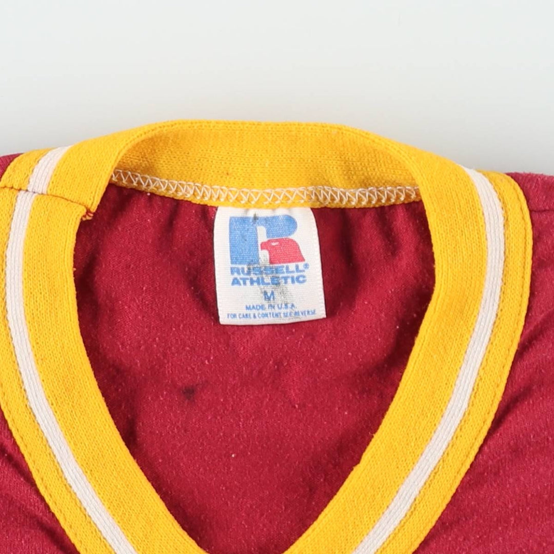 ~90'S Russell College V-Neck Ringer T-Shirt, Made in USA, Men's Size M (Equivalent), Vintage polyester red type Vintage Second Hand