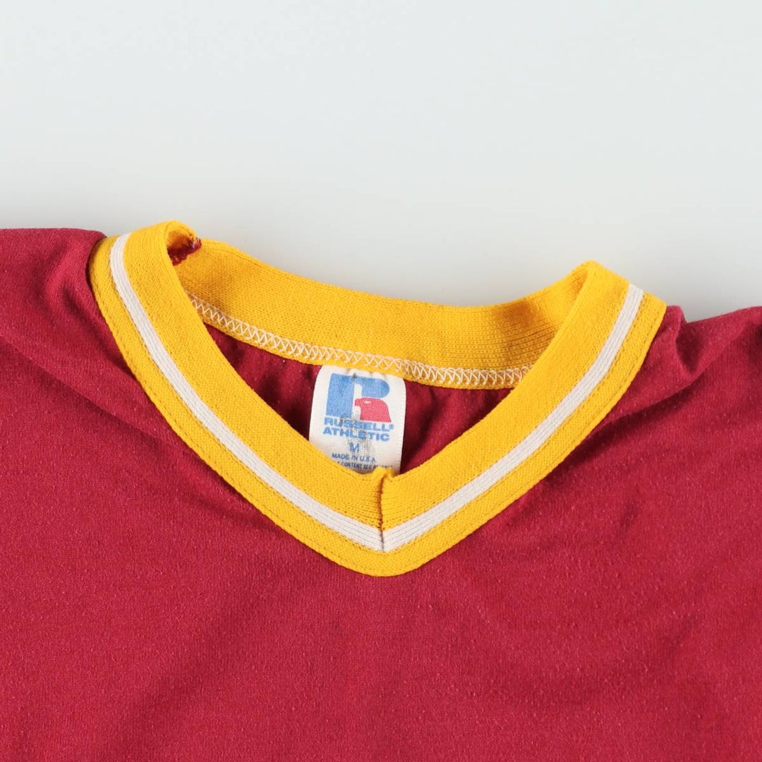 ~90'S Russell College V-Neck Ringer T-Shirt, Made in USA, Men's Size M (Equivalent), Vintage polyester red type Vintage Second Hand
