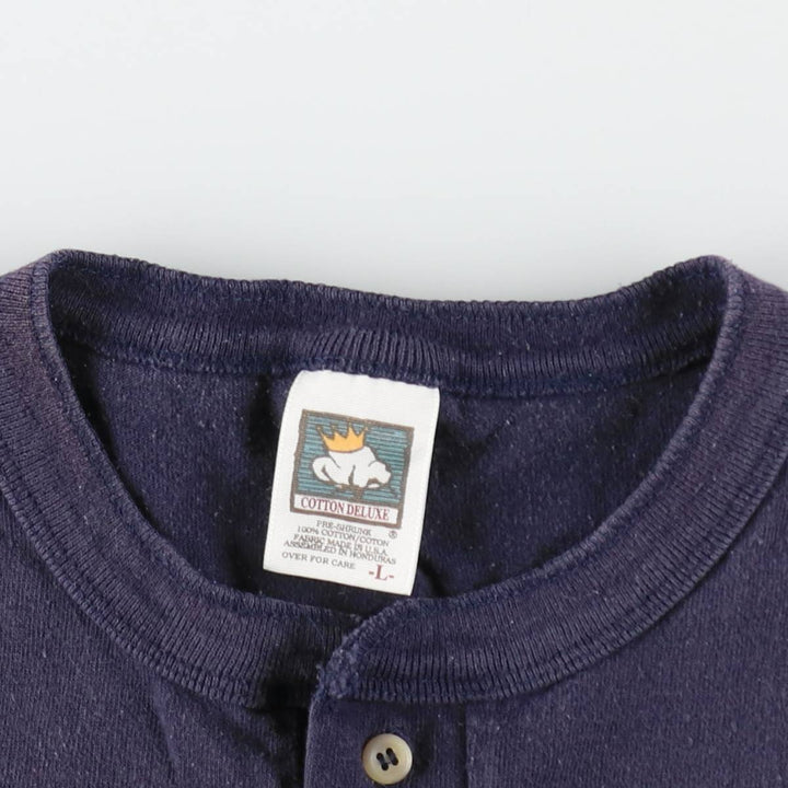 ~90'S Cotton Deluxe Henley Neck College T-Shirt, Made in USA, Men's Size L (Equivalent), Vintage cotton navy blue type Vintage Second Hand