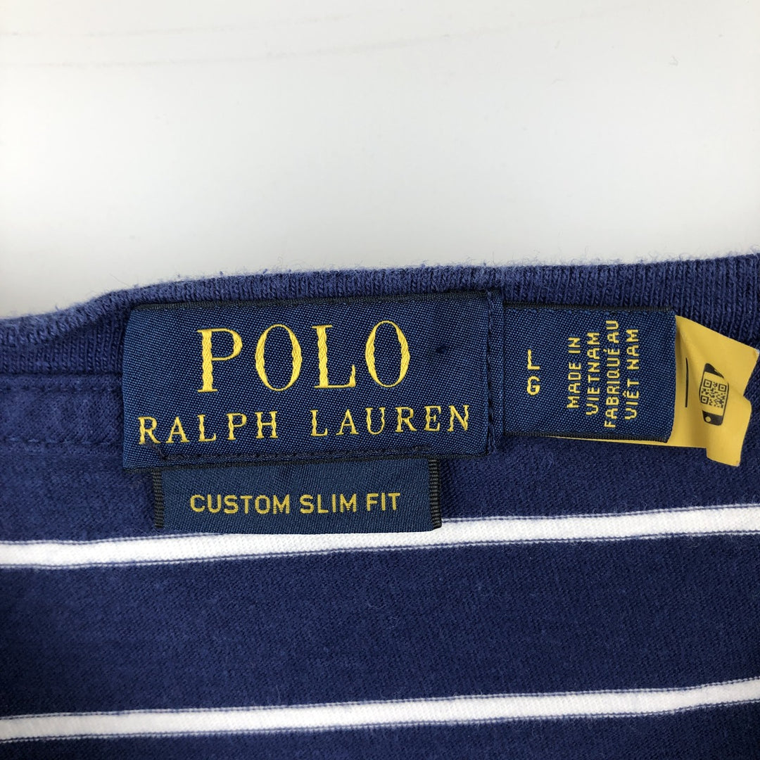 Ralph Lauren POLO RALPH LAUREN CUSTOM SLIM FIT short sleeve striped T-shirt men's size L cotton navy blue type Vintage Second Hand