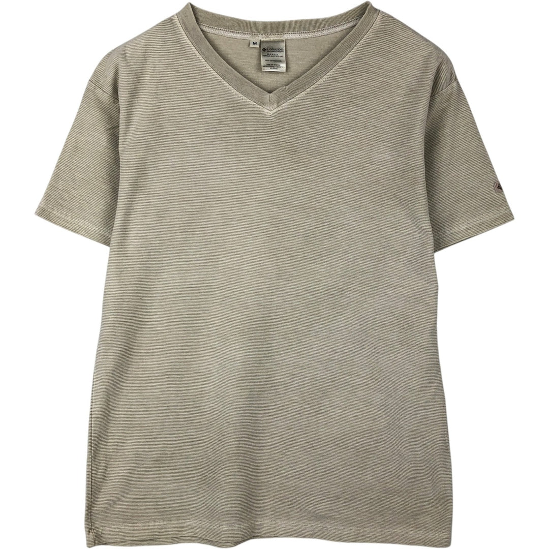 Columbia Short-Sleeve V-Neck Striped T-Shirt, Made in USA, Men's Size M cotton Beige type Vintage Second Hand