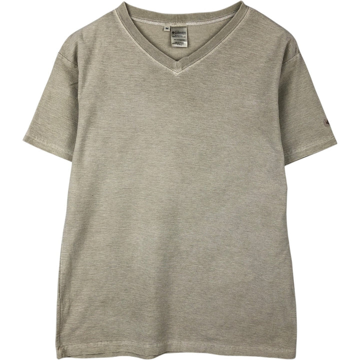 Columbia Short-Sleeve V-Neck Striped T-Shirt, Made in USA, Men's Size M cotton Beige type Vintage Second Hand