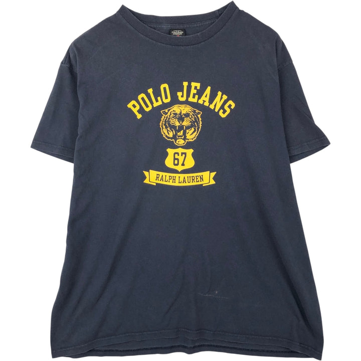 Ralph Lauren POLO JEANS COMPANY Leopard Pattern Short-Sleeve Logo T-Shirt, Men's Size XL (approx.) cotton navy blue type Vintage Second Hand