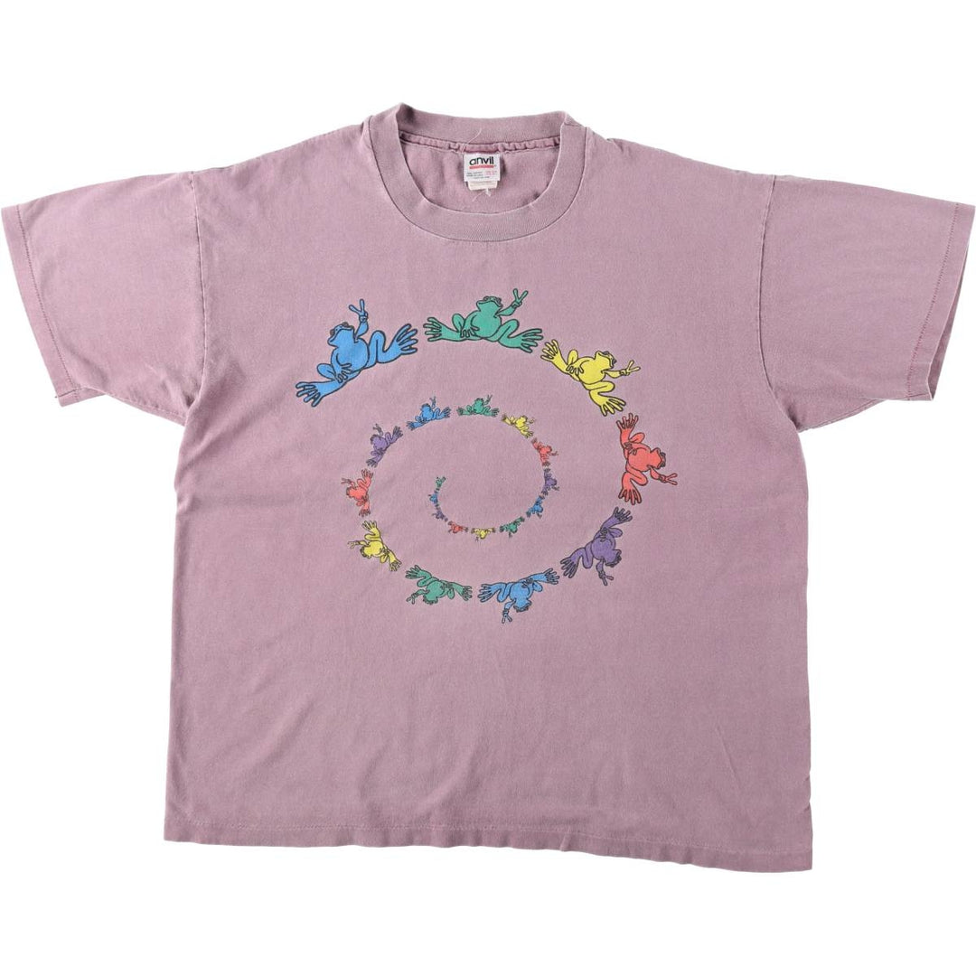 Anvil Peace Frogs Print T-Shirt, Made in USA, Men's Size L cotton pink type Vintage Second Hand