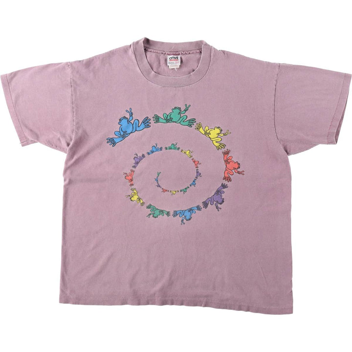 Anvil Peace Frogs Print T-Shirt, Made in USA, Men's Size L cotton pink type Vintage Second Hand