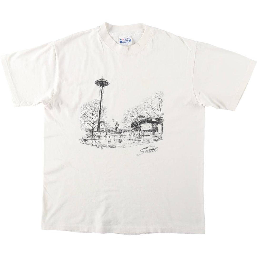 Vintage 80'S Hanes BEEFY-T Blue Tag Printed T-Shirt Made in USA Men's Size L cotton white type Vintage Second Hand