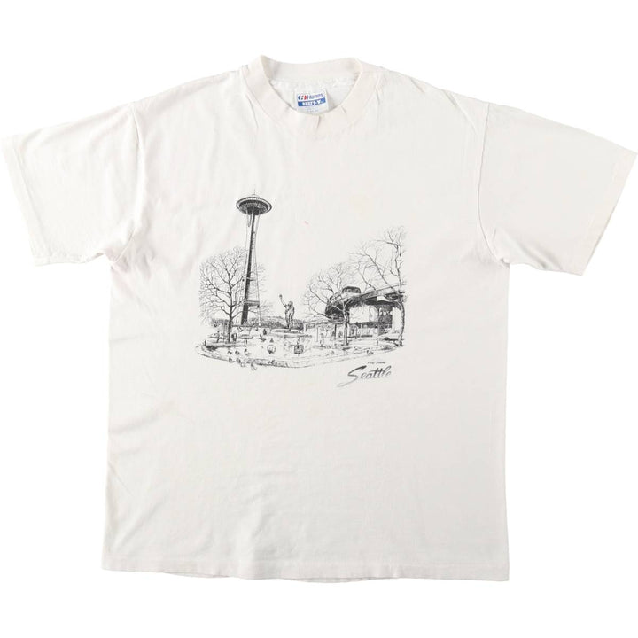 Vintage 80'S Hanes BEEFY-T Blue Tag Printed T-Shirt Made in USA Men's Size L cotton white type Vintage Second Hand