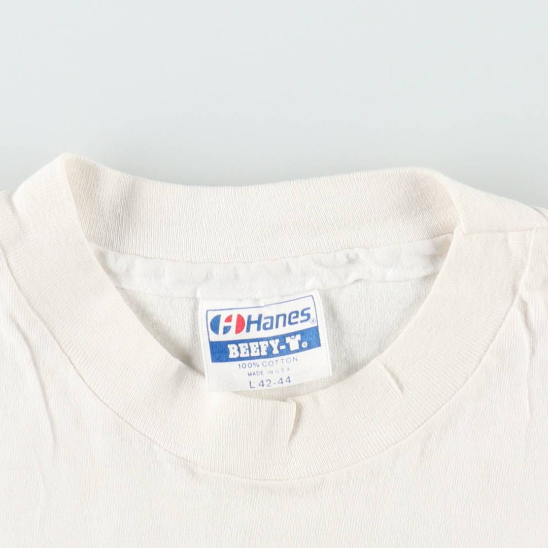 Vintage 80'S Hanes BEEFY-T Blue Tag Printed T-Shirt Made in USA Men's Size L cotton white type Vintage Second Hand