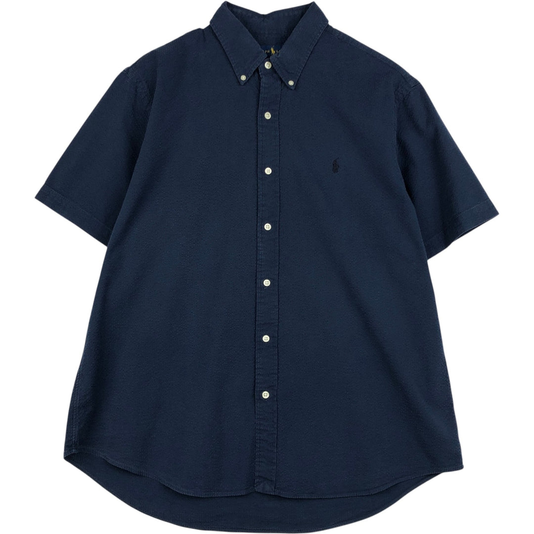 Ralph Lauren CLASSIC FIT seersucker short-sleeve button-down shirt, men's size XL (approx.) cotton navy blue type Vintage Second Hand