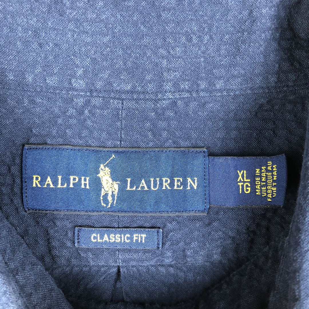 Ralph Lauren CLASSIC FIT seersucker short-sleeve button-down shirt, men's size XL (approx.) cotton navy blue type Vintage Second Hand