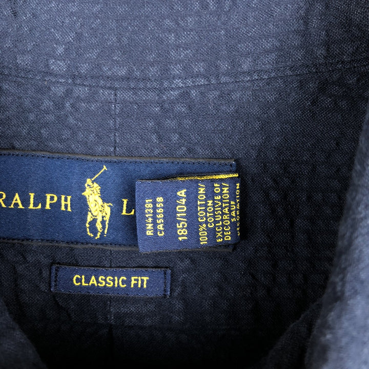 Ralph Lauren CLASSIC FIT seersucker short-sleeve button-down shirt, men's size XL (approx.) cotton navy blue type Vintage Second Hand