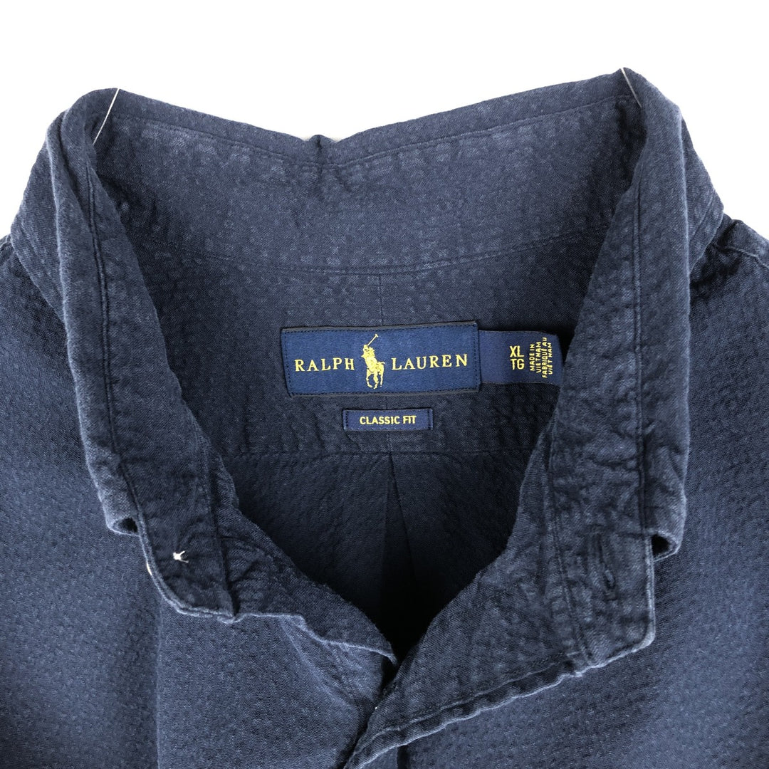 Ralph Lauren CLASSIC FIT seersucker short-sleeve button-down shirt, men's size XL (approx.) cotton navy blue type Vintage Second Hand