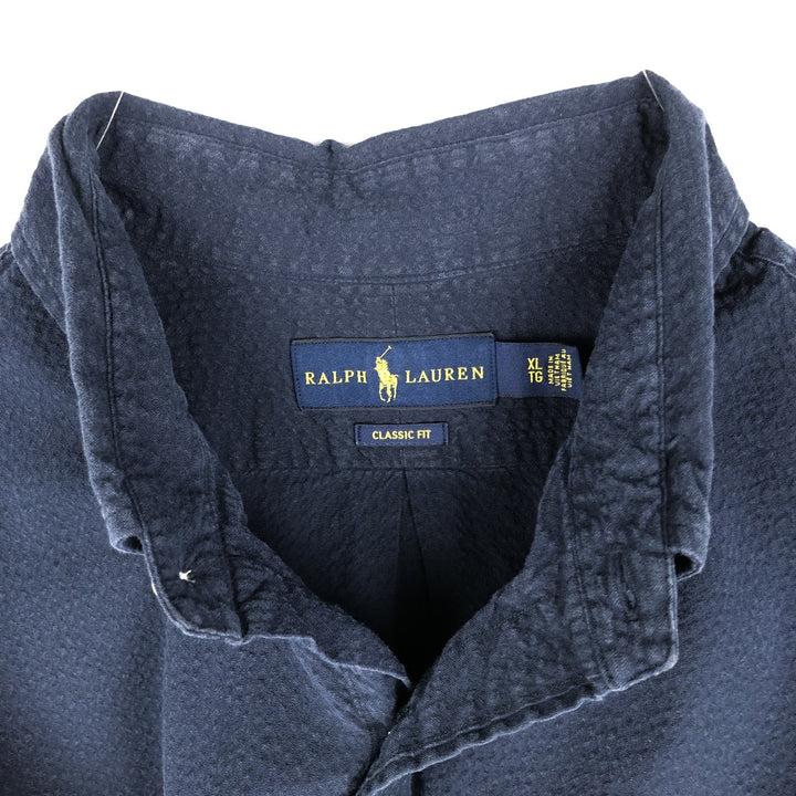 Ralph Lauren CLASSIC FIT seersucker short-sleeve button-down shirt, men's size XL (approx.) cotton navy blue type Vintage Second Hand