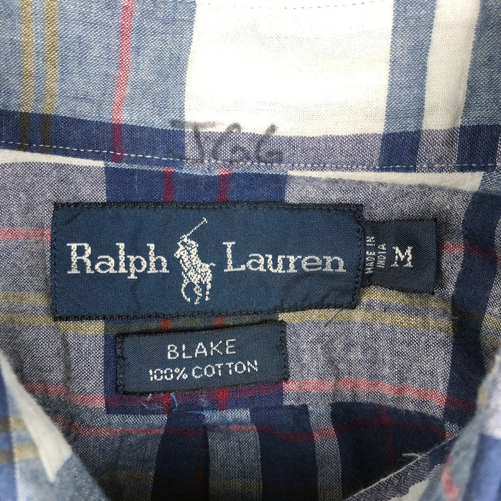 Ralph Lauren BLAKE short sleeve button down check shirt, men's size M cotton Navy blue Vintage Second Hand