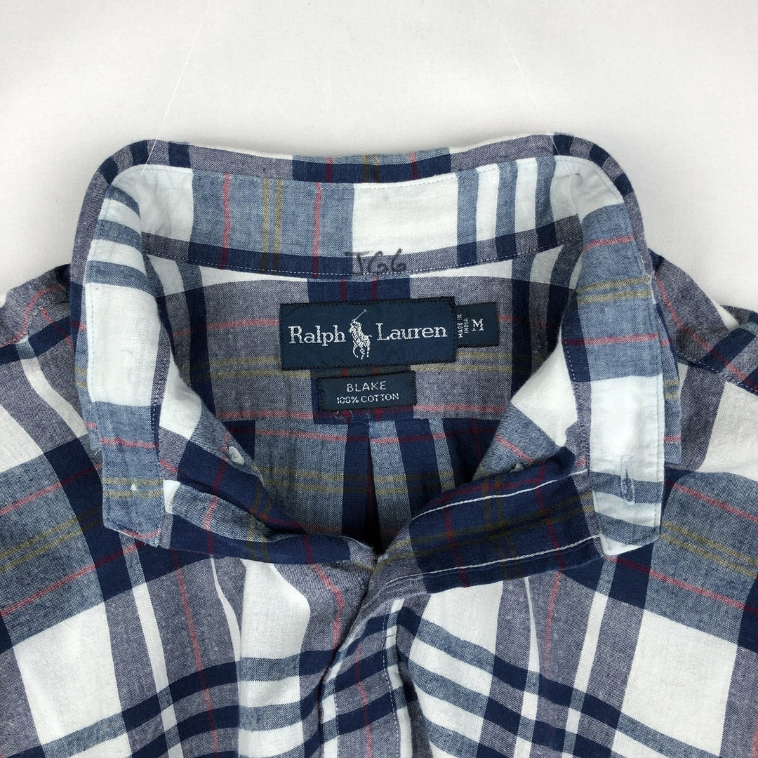 Ralph Lauren BLAKE short sleeve button down check shirt, men's size M cotton Navy blue Vintage Second Hand