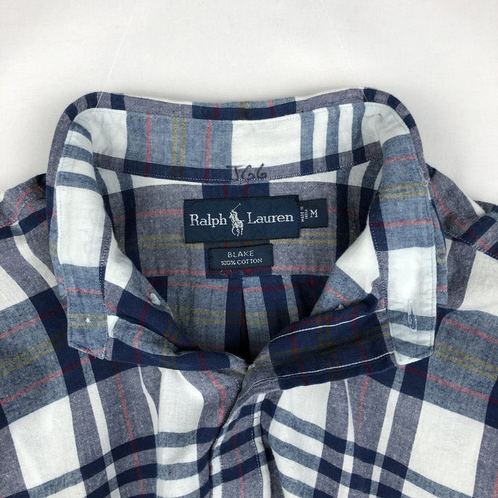 Ralph Lauren BLAKE short sleeve button down check shirt, men's size M cotton Navy blue Vintage Second Hand