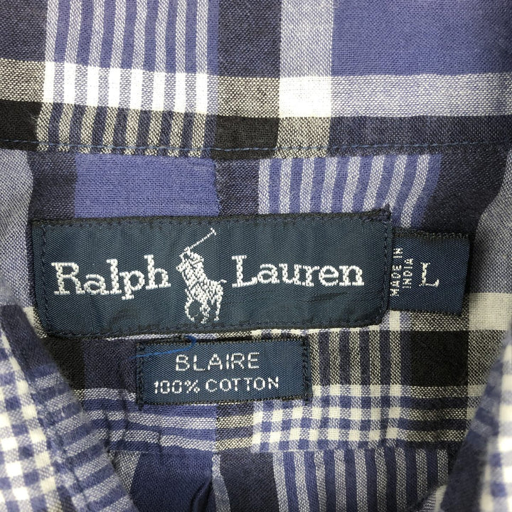 Ralph Lauren BLAIRE short sleeve button down check shirt, men's size L cotton Navy blue Vintage Second Hand