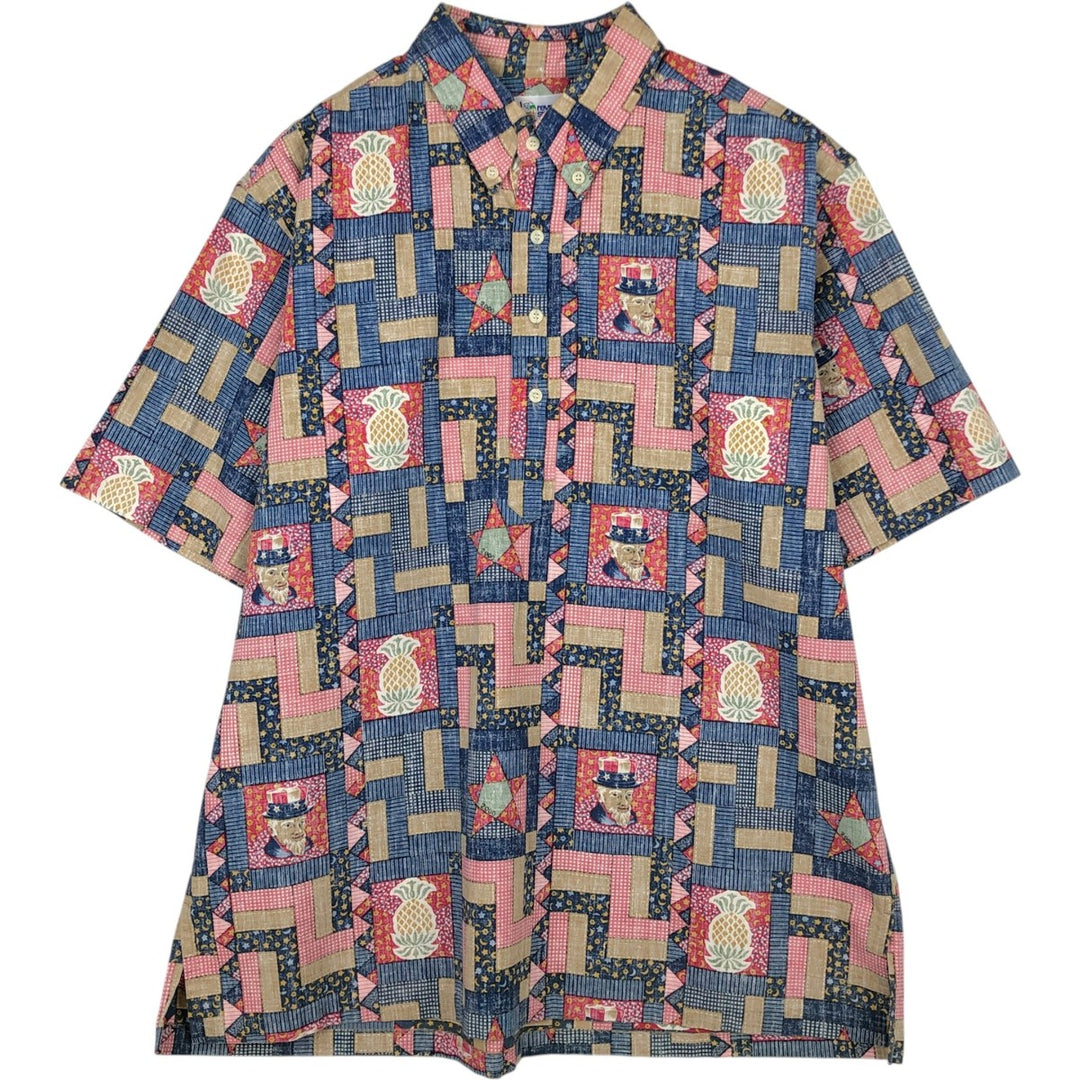90'S Reyn Spooner swimwear tag, all-over print, half-button, button-down, Hawaiian Aloha shirt, boxy shirt, men's size XL equivalent. cotton navy blue type Vintage Second Hand