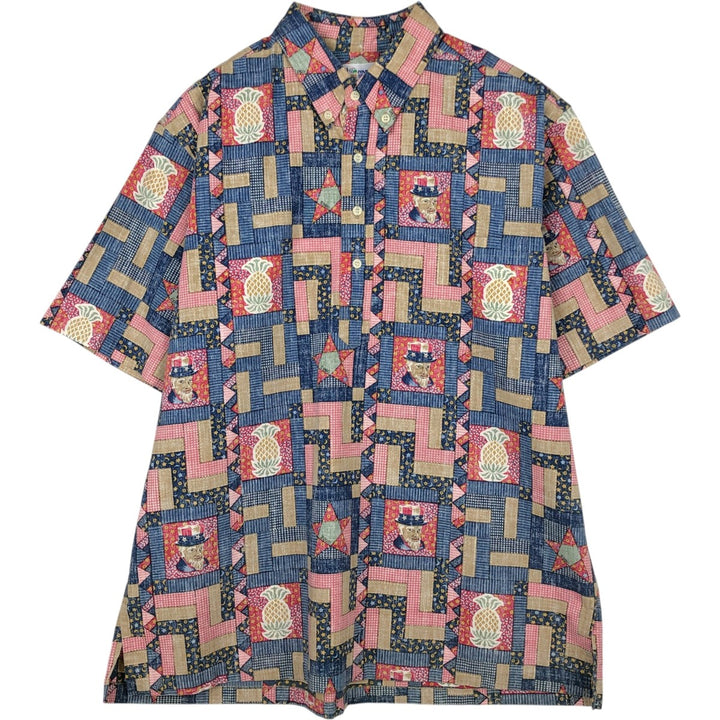 90'S Reyn Spooner swimwear tag, all-over print, half-button, button-down, Hawaiian Aloha shirt, boxy shirt, men's size XL equivalent. cotton navy blue type Vintage Second Hand