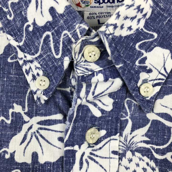 90'S Reyn Spooner swimwear tag, all-over botanical pattern, half-button button-down Aloha shirt, men's size L equivalent. cotton blue type Vintage Second Hand