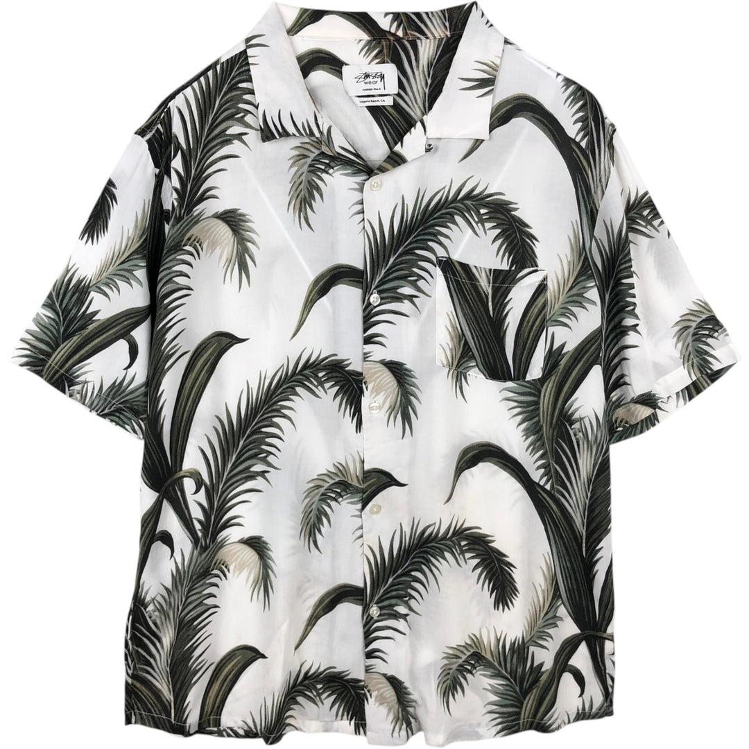 STUSSY All-Over Leaf Pattern Open Collar Rayon Hawaiian Aloha Shirt, Men's Size Small Rayon white type Vintage Second Hand