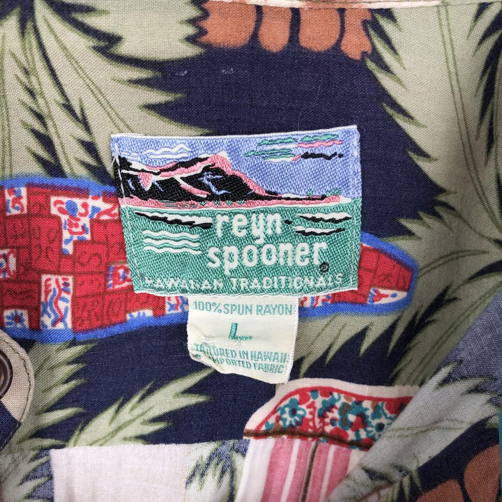 Vintage 80s-90'S Reyn Spooner Diamond Head tag all-over print rayon aloha shirt, men's size L equivalent. Rayon navy blue type Vintage Second Hand