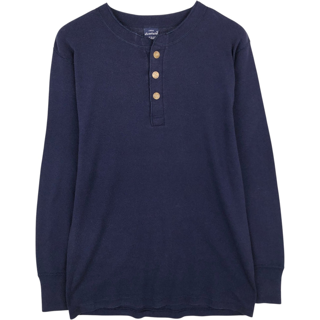 90'S Duofold Henley Neck Thermal Long-Sleeve T-Shirt, Made in USA, Men's Size L (Equivalent), Vintage cotton navy blue type Vintage Second Hand