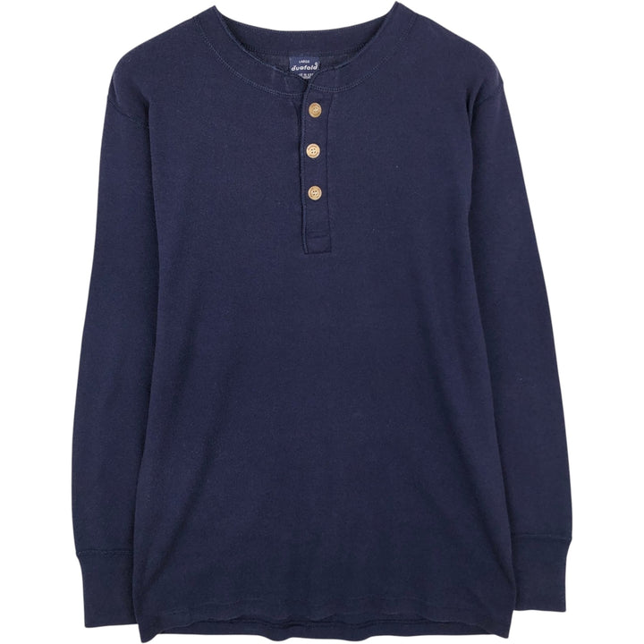 90'S Duofold Henley Neck Thermal Long-Sleeve T-Shirt, Made in USA, Men's Size L (Equivalent), Vintage cotton navy blue type Vintage Second Hand