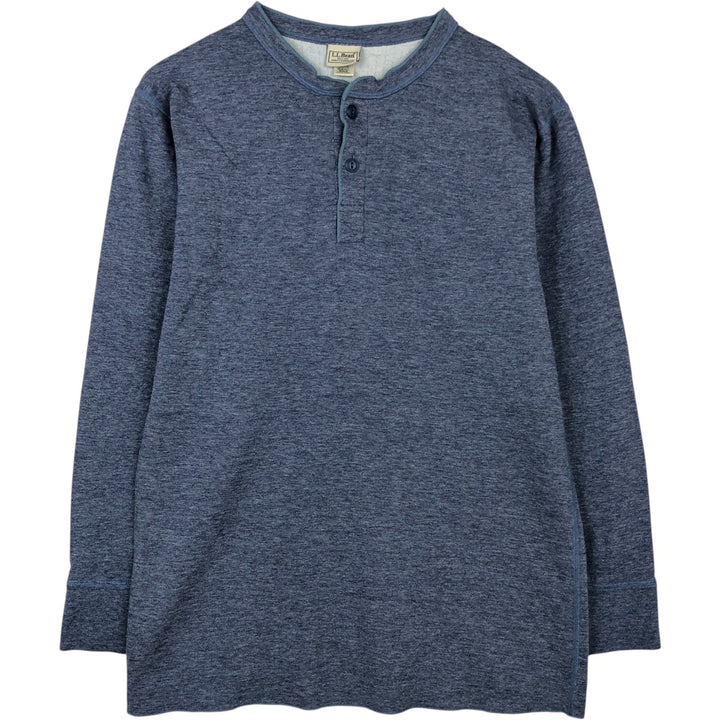 LLBean Henley Neck Long-Sleeve T-Shirt, Made in Canada, Men's Size M (approx.) cotton navy blue type Vintage Second Hand