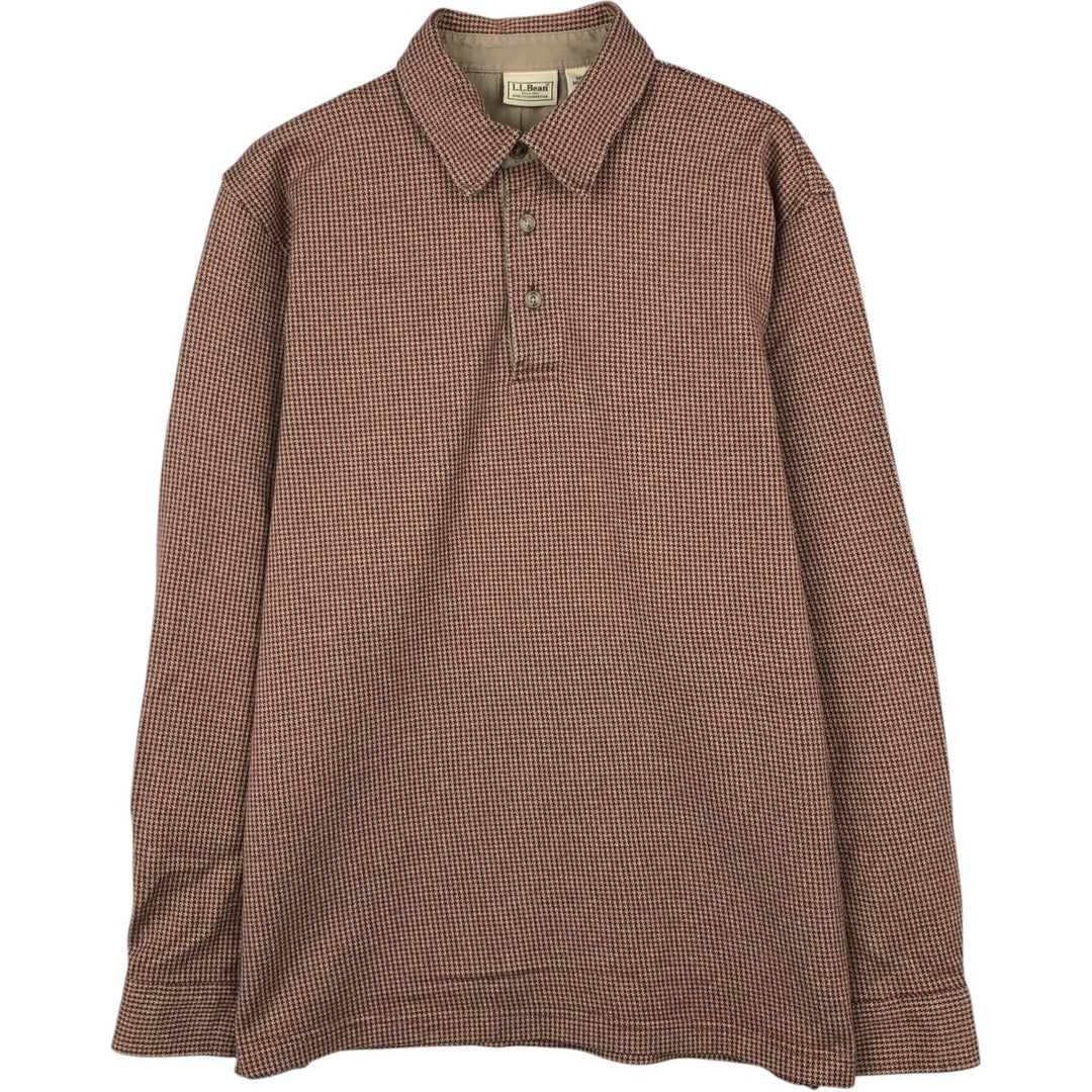 LLBean Houndstooth Pattern Long-Sleeve Check Polo Shirt, Men's Size M (approx.) cotton brown type Vintage Second Hand
