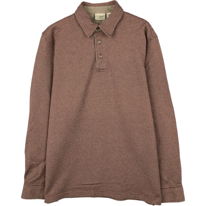 LLBean Houndstooth Pattern Long-Sleeve Check Polo Shirt, Men's Size M (approx.) cotton brown type Vintage Second Hand