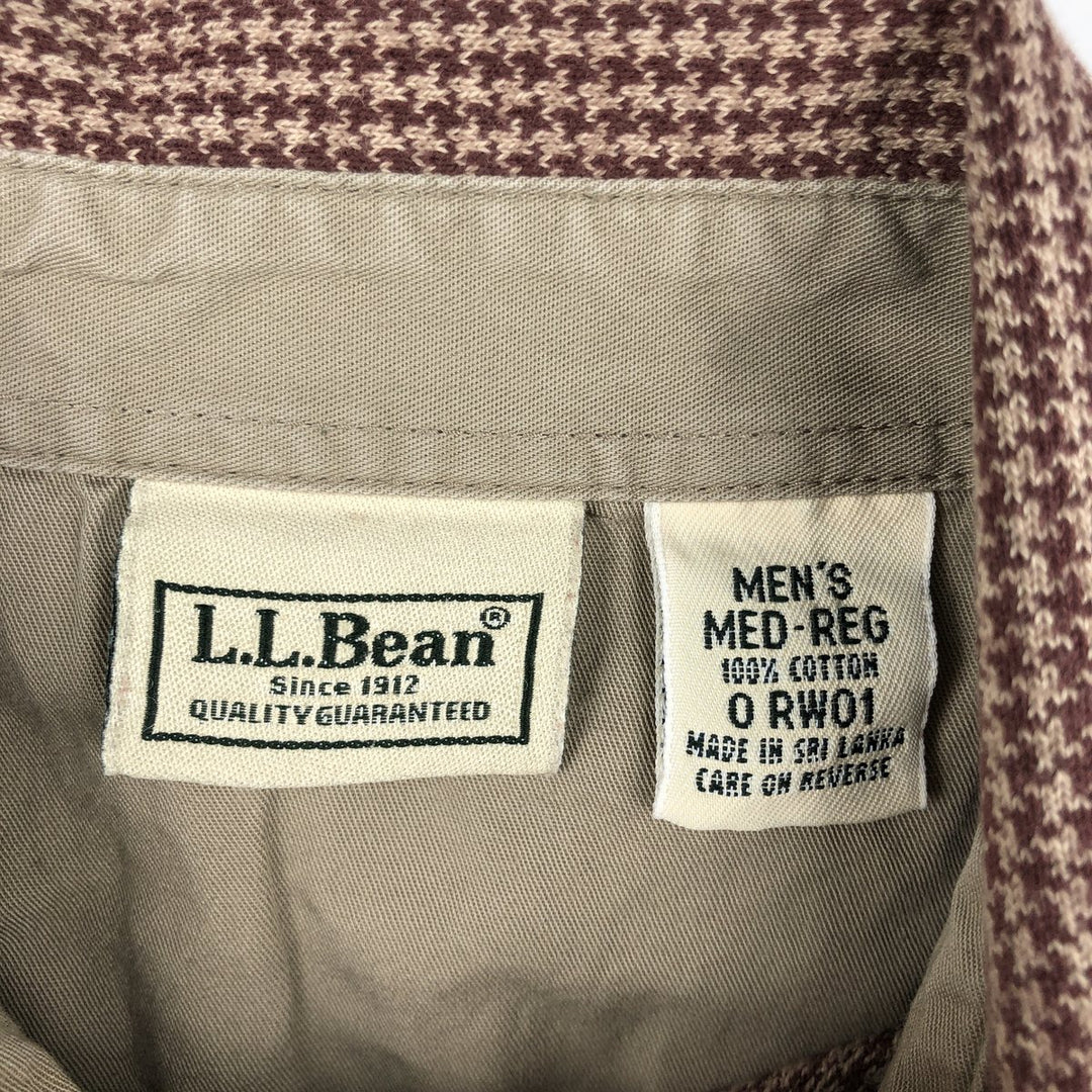 LLBean Houndstooth Pattern Long-Sleeve Check Polo Shirt, Men's Size M (approx.) cotton brown type Vintage Second Hand