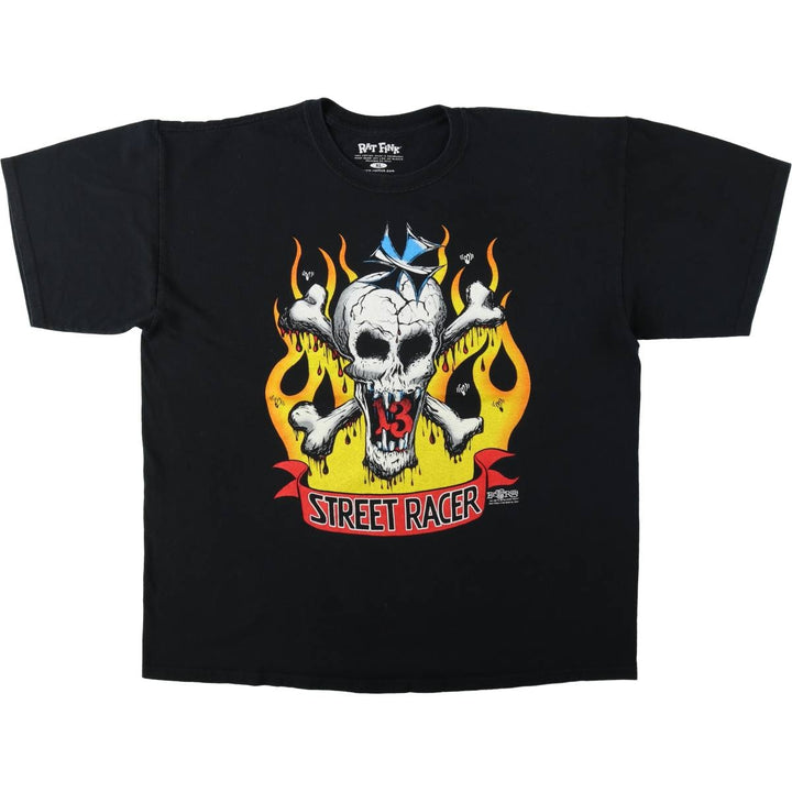 2000'S RAT FINK Skull Pattern Fire Pattern Character Print T-Shirt, Men's XL (approx.) cotton black type Vintage Second Hand