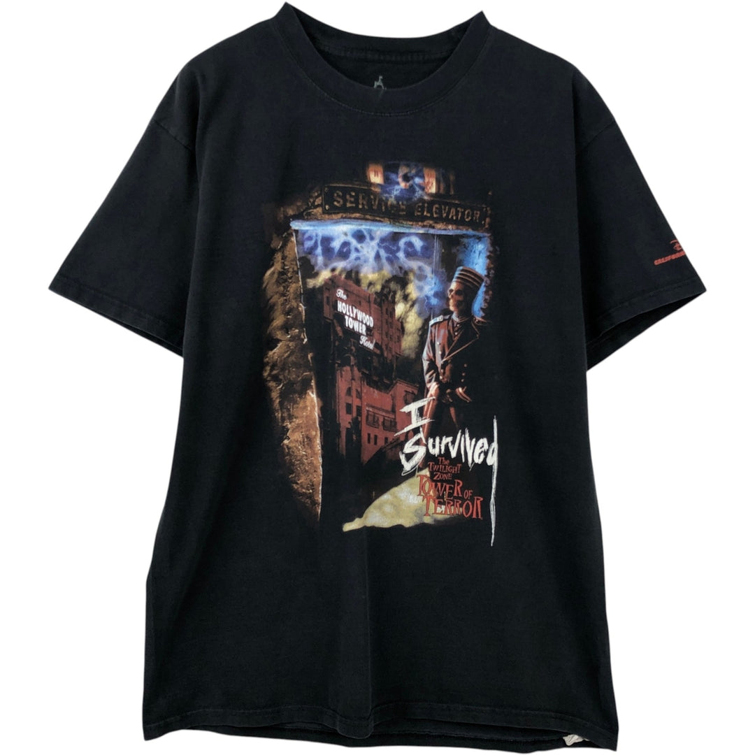 Walt Disney World Tower of Teller Character Print T-Shirt (Men's Size L) cotton black type Vintage Second Hand