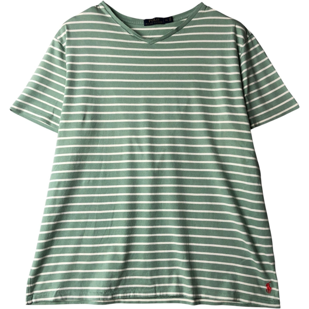 Ralph Lauren POLO RALPH LAUREN Striped Pattern Short-Sleeve V-Neck T-Shirt, Men's Size XL (approx.) cotton Mint green Vintage Second Hand