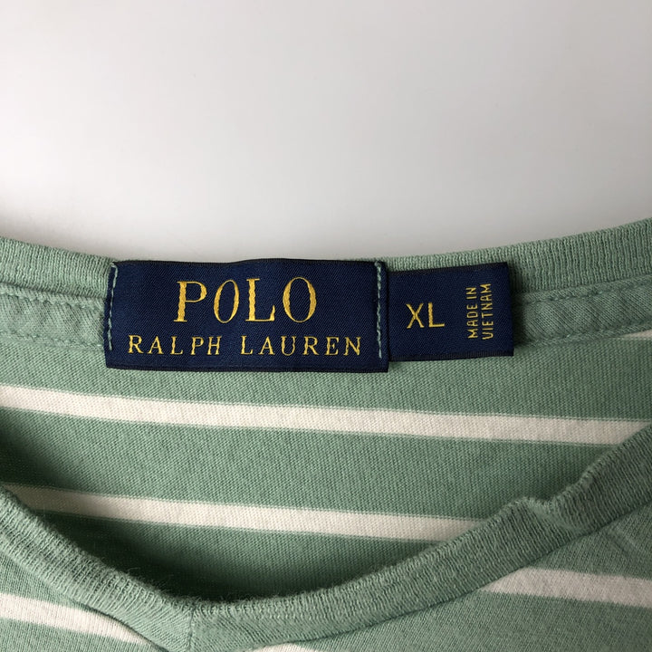 Ralph Lauren POLO RALPH LAUREN Striped Pattern Short-Sleeve V-Neck T-Shirt, Men's Size XL (approx.) cotton Mint green Vintage Second Hand
