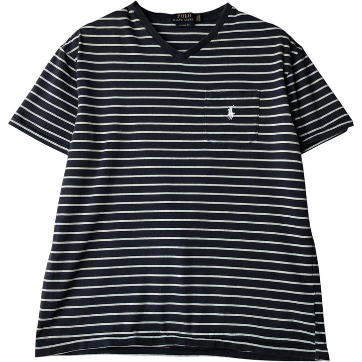 Ralph Lauren POLO RALPH LAUREN CLASSIC FIT Striped Pattern Short-Sleeve V-Neck T-Shirt, Men's Size S (approx.) cotton navy blue type Vintage Second Hand