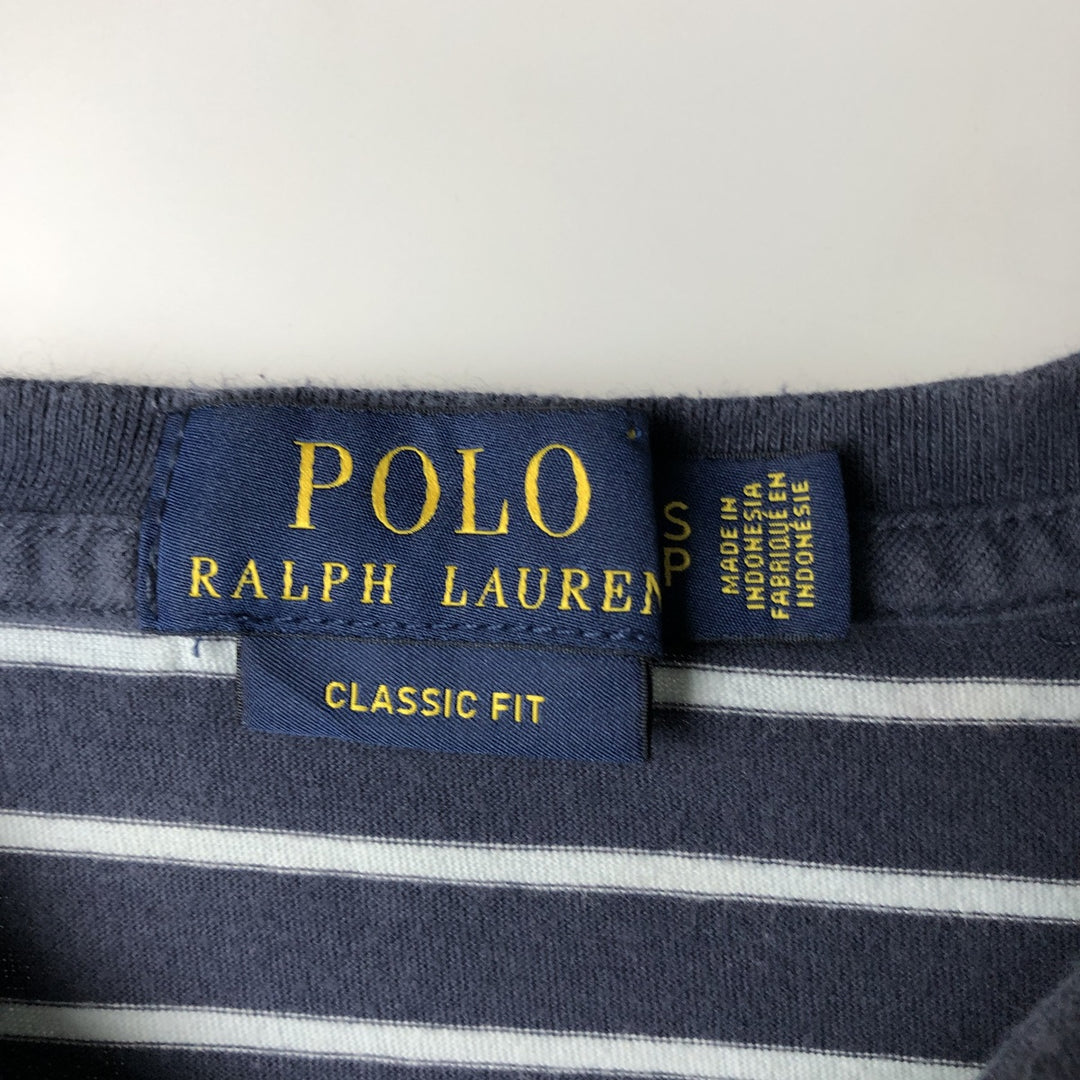Ralph Lauren POLO RALPH LAUREN CLASSIC FIT Striped Pattern Short-Sleeve V-Neck T-Shirt, Men's Size S (approx.) cotton navy blue type Vintage Second Hand