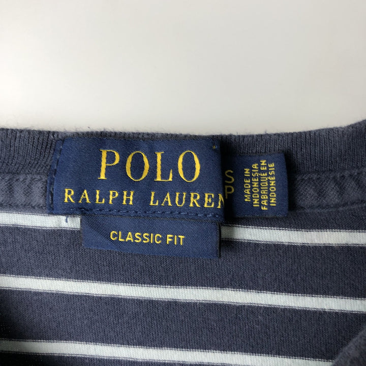 Ralph Lauren POLO RALPH LAUREN CLASSIC FIT Striped Pattern Short-Sleeve V-Neck T-Shirt, Men's Size S (approx.) cotton navy blue type Vintage Second Hand