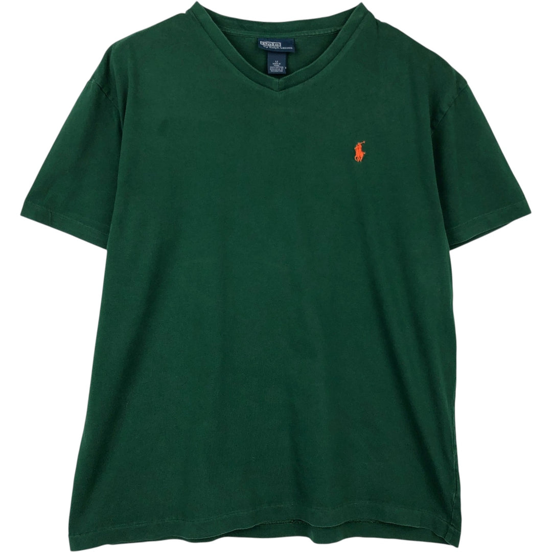 Ralph Lauren POLO by Ralph Lauren V-neck short-sleeved T-shirt with a single logo, men's size M (approx.) cotton Green type dark green Vintage Second Hand
