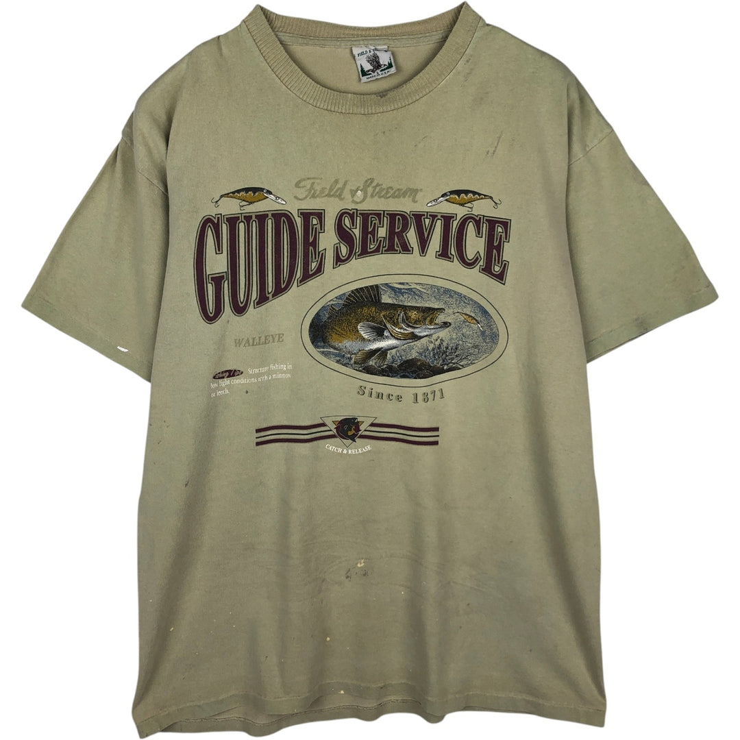 90'S FIELD and STREAM HEAVYWEIGHT Fish Print Animal T-Shirt, Made in USA, Men's Size L (Equivalent), Vintage cotton Khaki type Vintage Second Hand