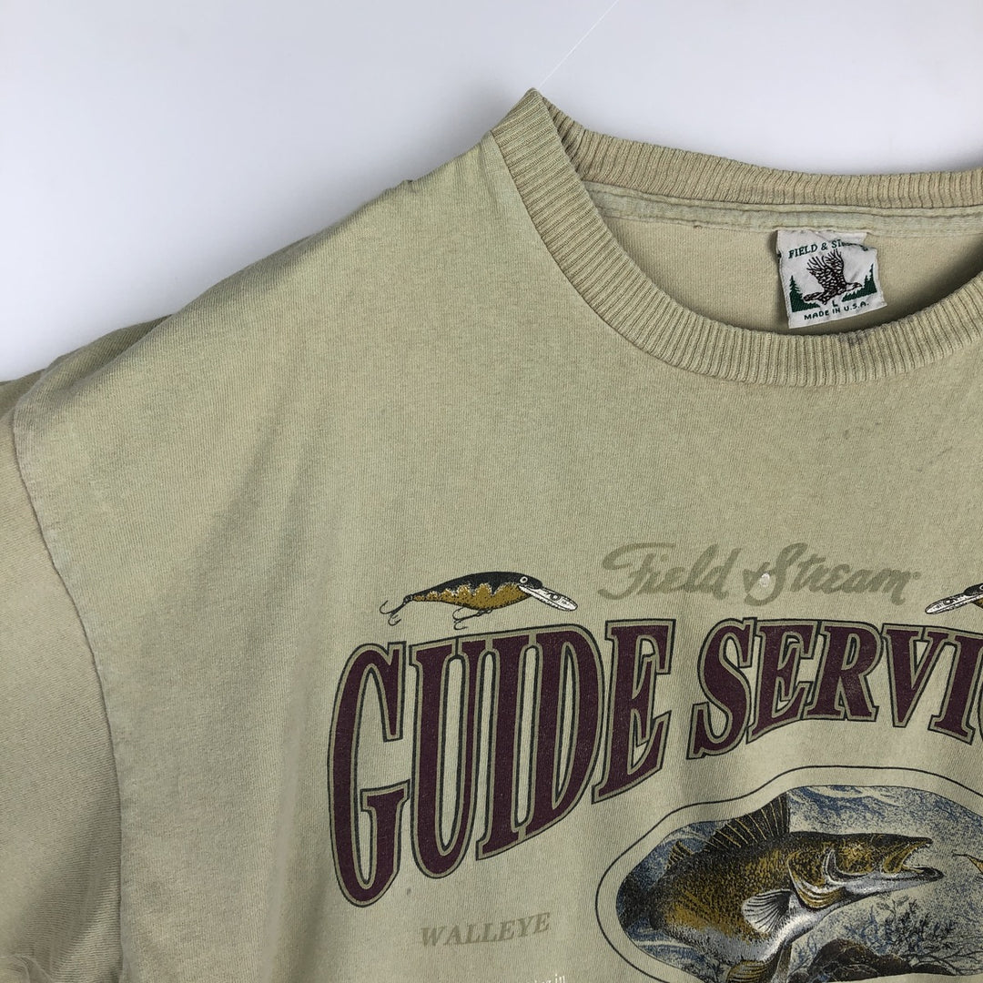 90'S FIELD and STREAM HEAVYWEIGHT Fish Print Animal T-Shirt, Made in USA, Men's Size L (Equivalent), Vintage cotton Khaki type Vintage Second Hand