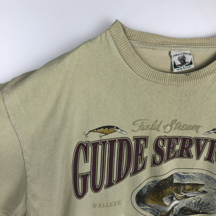 90'S FIELD and STREAM HEAVYWEIGHT Fish Print Animal T-Shirt, Made in USA, Men's Size L (Equivalent), Vintage cotton Khaki type Vintage Second Hand