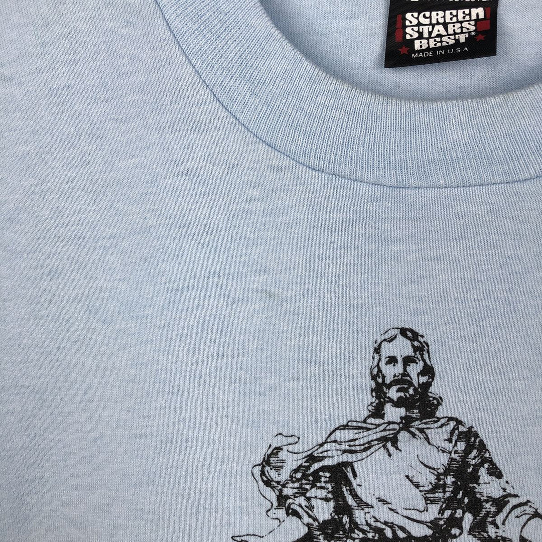 90'S Screen Stars JESUS CHRIST print T-shirt, Made in USA, Men's XL equivalent, Vintage cotton Blue type light blue Vintage Second Hand