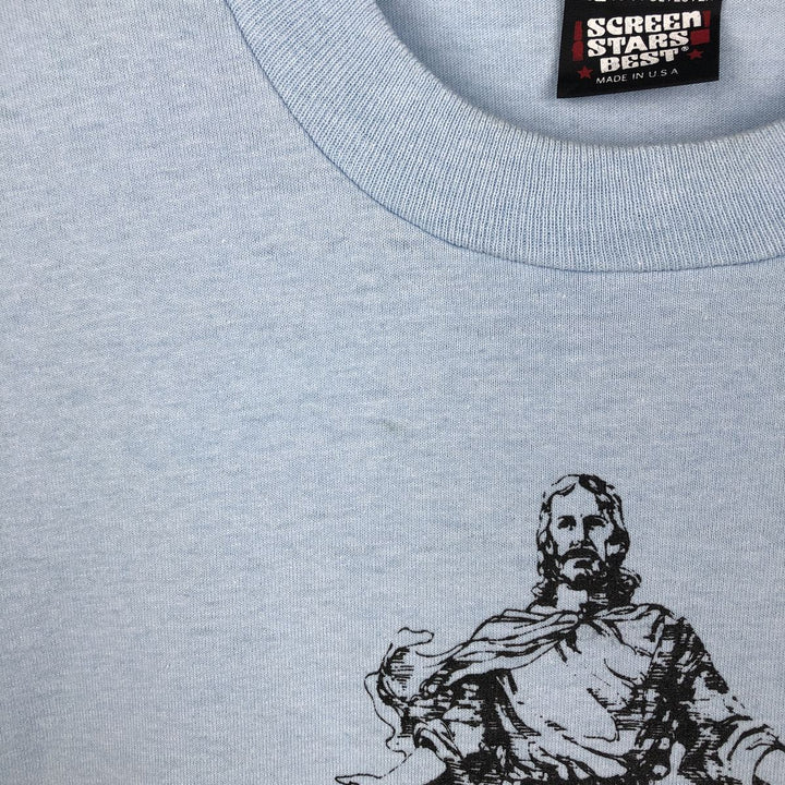 90'S Screen Stars JESUS CHRIST print T-shirt, Made in USA, Men's XL equivalent, Vintage cotton Blue type light blue Vintage Second Hand