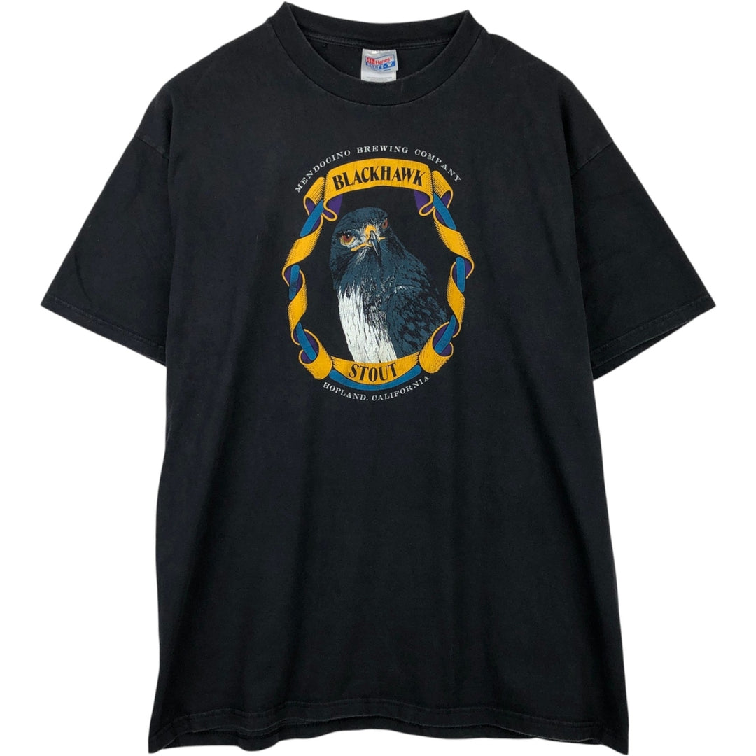 90'S Hanes BEEFY-T BLACKHAWK STOUT Advertising T-Shirt, Made in USA, Men's XL equivalent. cotton black type Vintage Second Hand